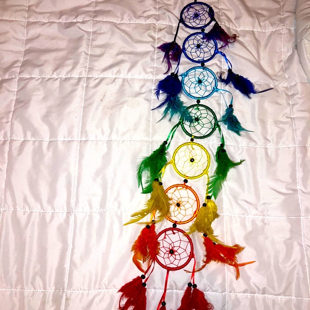 Rainbow colored wall decor dream catcher
